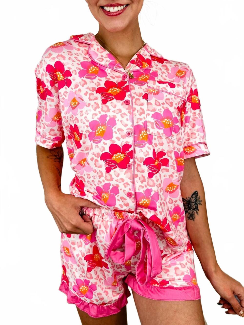 NEW JESS LEA the floral feline high-rise pj set in pink